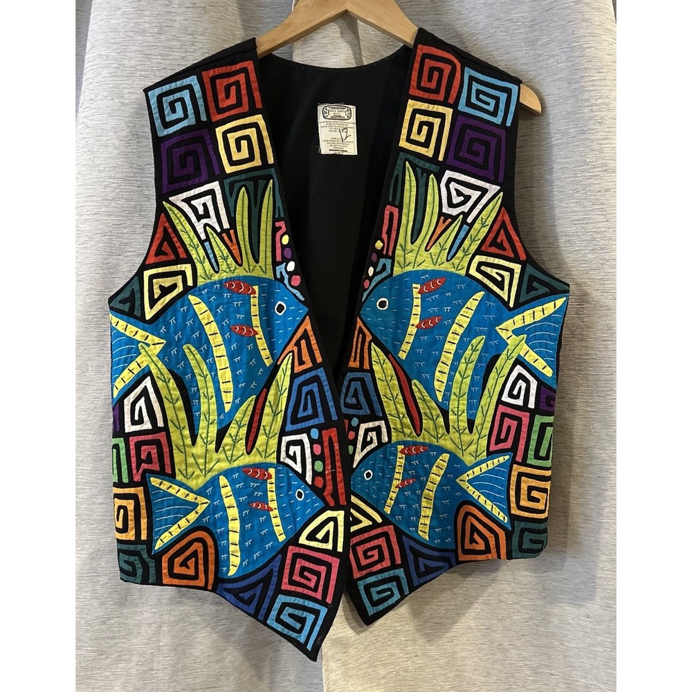 Sed's Crafts Panama Vintage 90's Handmade‎ Vest Boho Colorful Fish Nautical OS